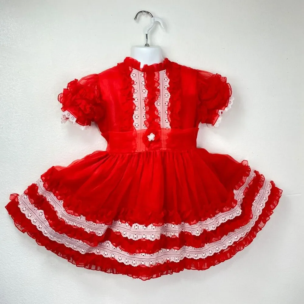 Vintage Girls Red Nylon Chiffon Dress Lace Puff Sleeve Holiday Christmas Size 6